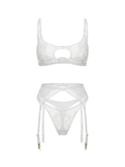 Erin three-piece lingerie set with geometric lace cutouts and gold hardware