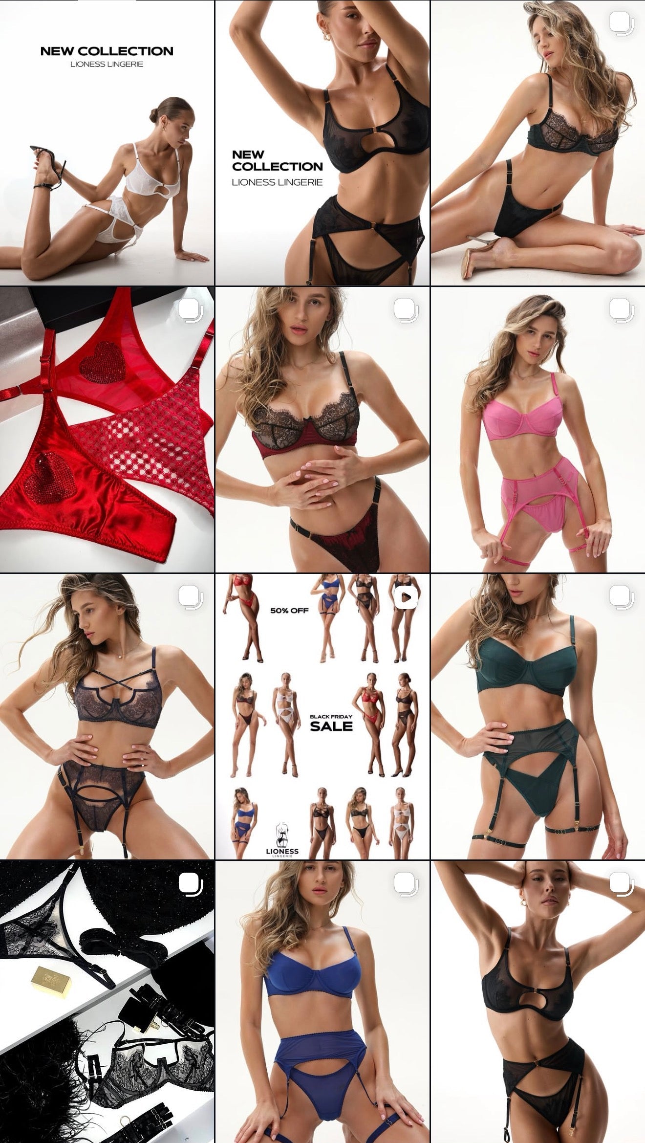 A 4x3 collage of lingerie product photos showing multiple colorways and styles, including black, red, pink, green, and blue lace, mesh, and strappy lingerie sets. The collage includes model shots, close-up detail shots, small size guides, sale text, and one black-and-white detail panel on a white background.