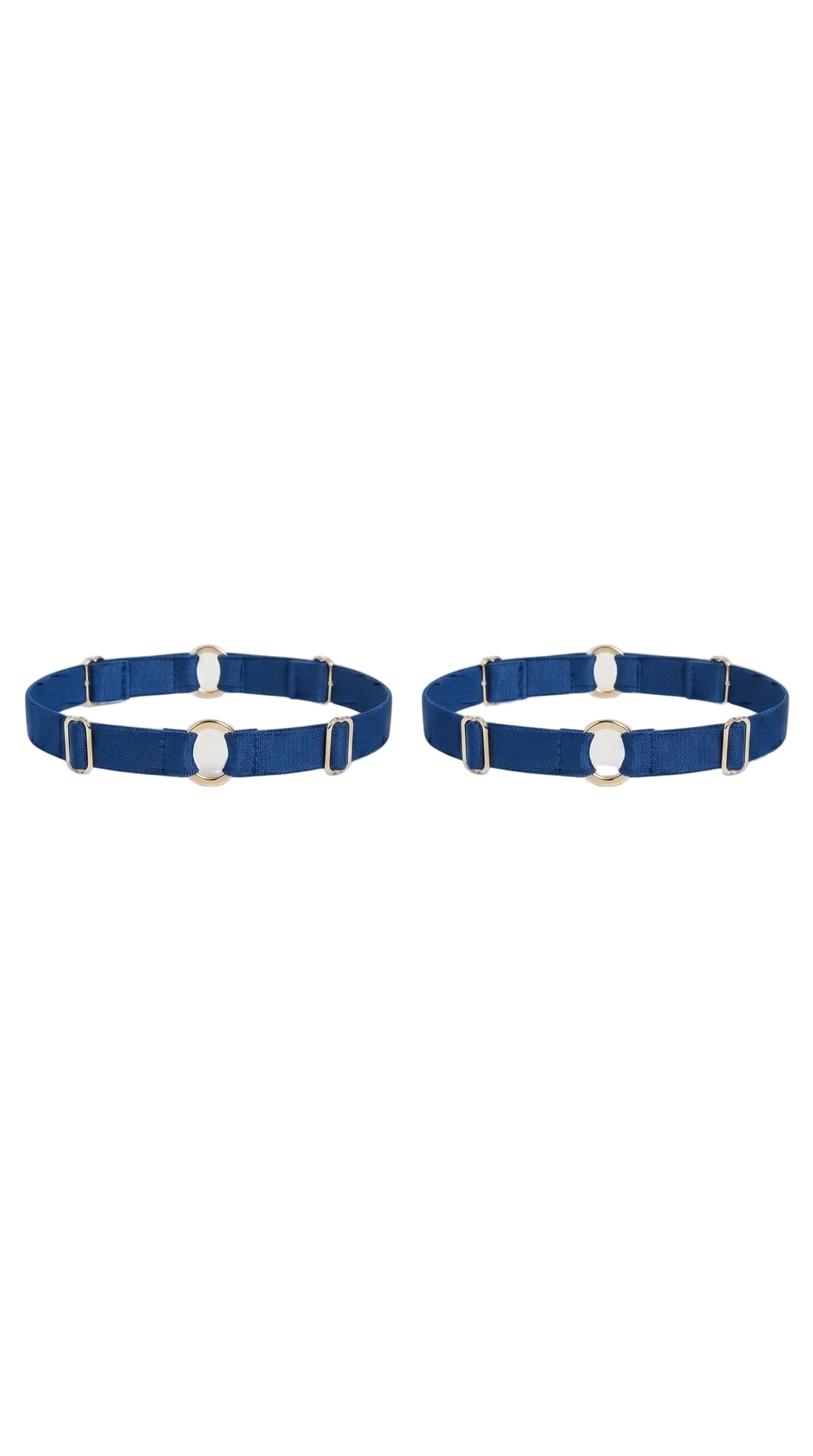 Bespoke blue leg garter with gold-plated hardware and adjustable straps.