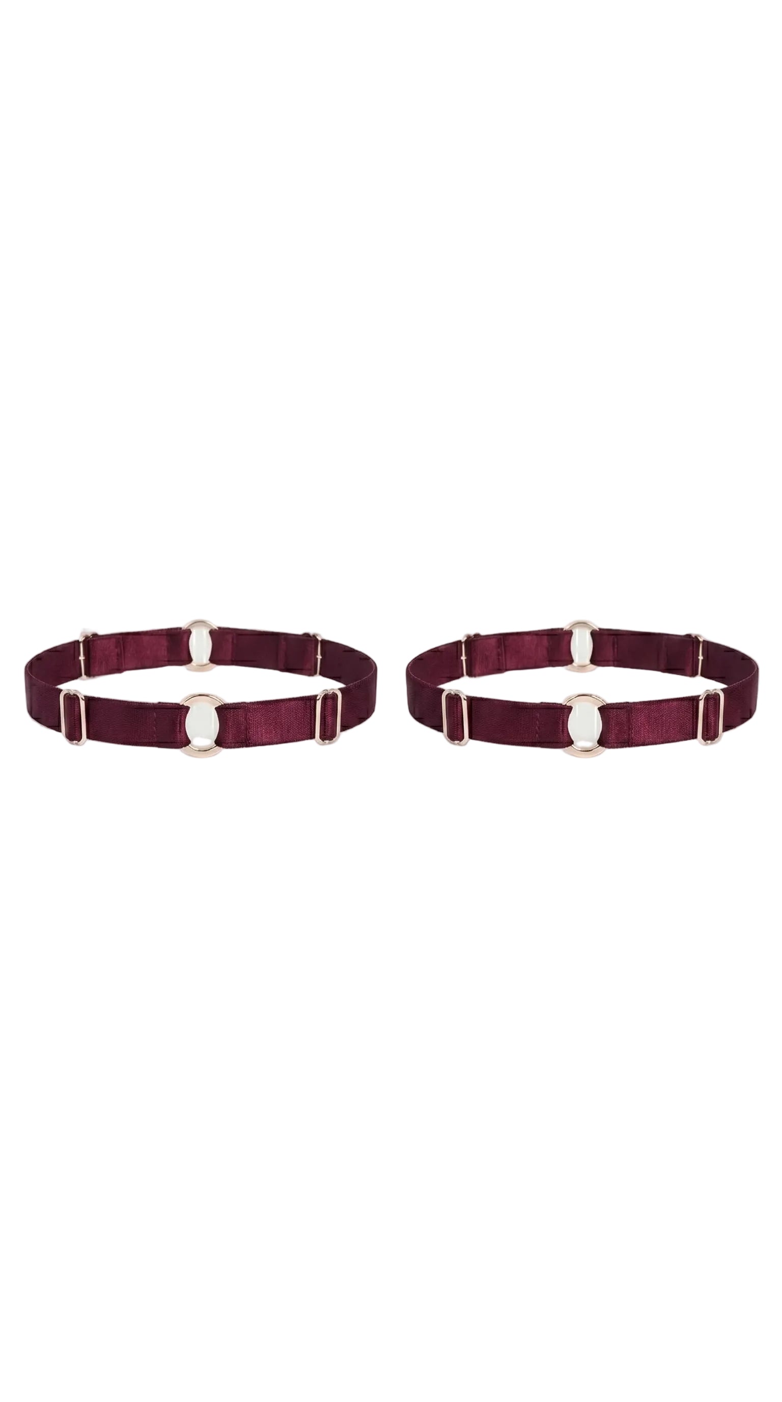 Bespoke bordeaux leg garter with gold-plated hardware and adjustable straps.