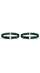 Bespoke green leg garter with gold-plated hardware and adjustable straps.