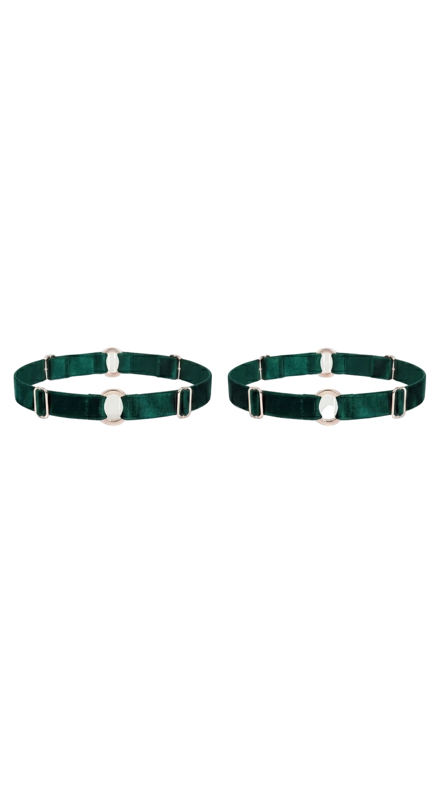 Bespoke green leg garter with gold-plated hardware and adjustable straps.