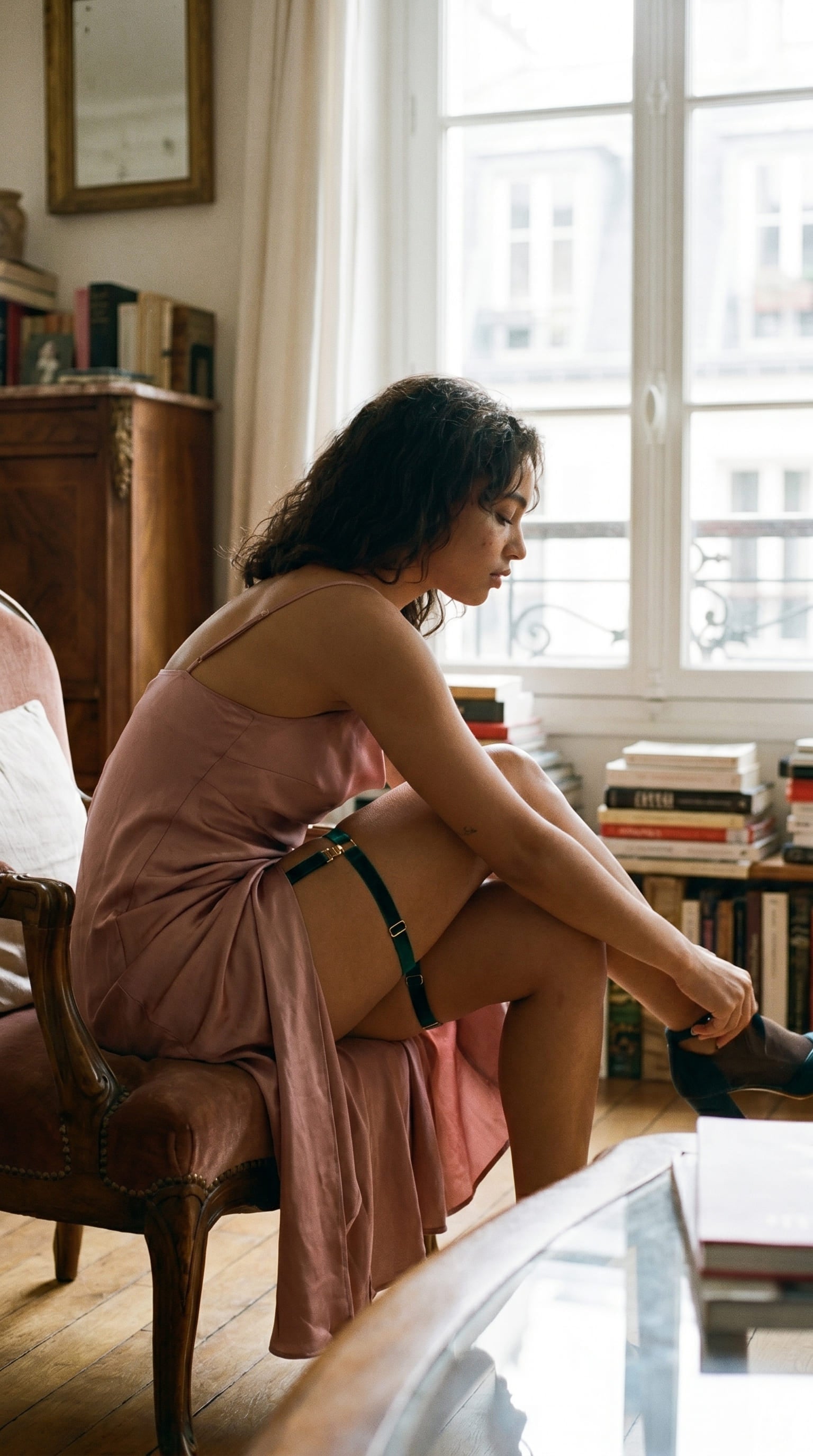 Model wearing simple green leg garter for a custom, second-skin fit.