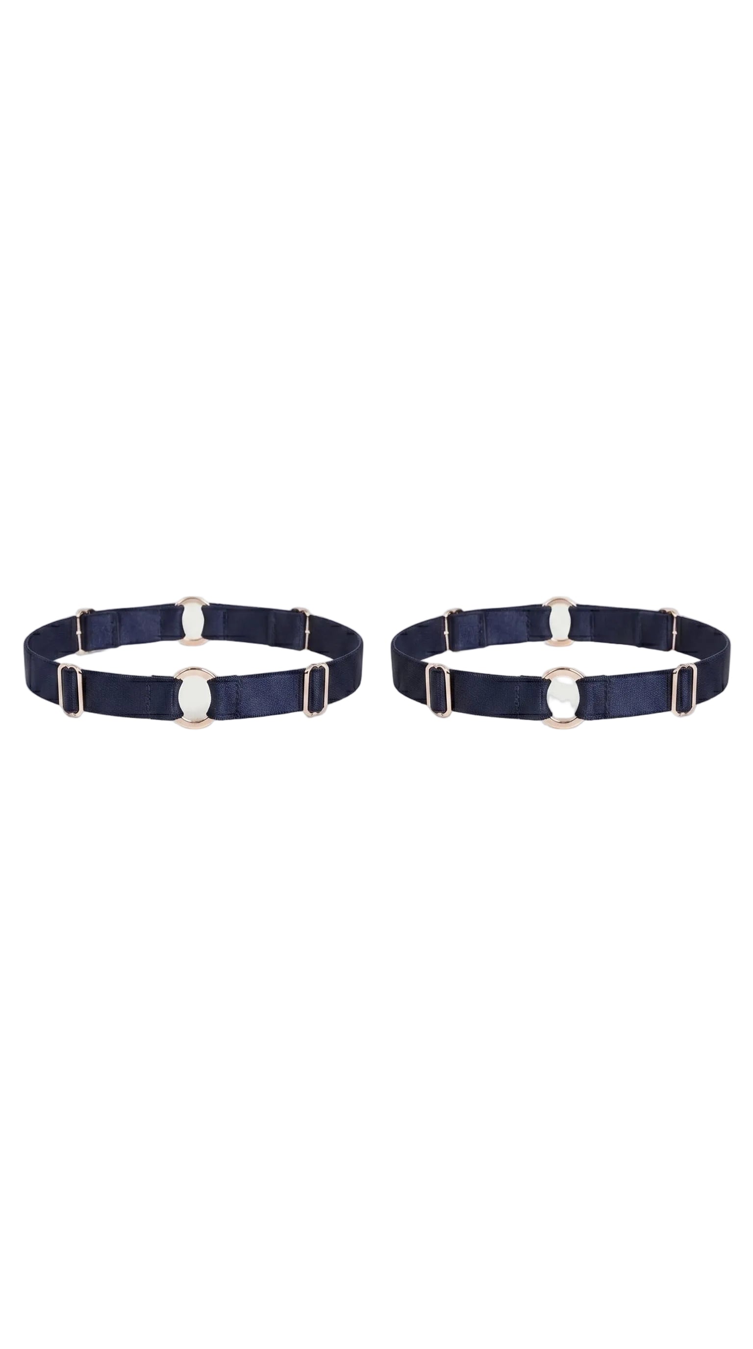 Bespoke navy leg garter with gold-plated hardware and adjustable straps.