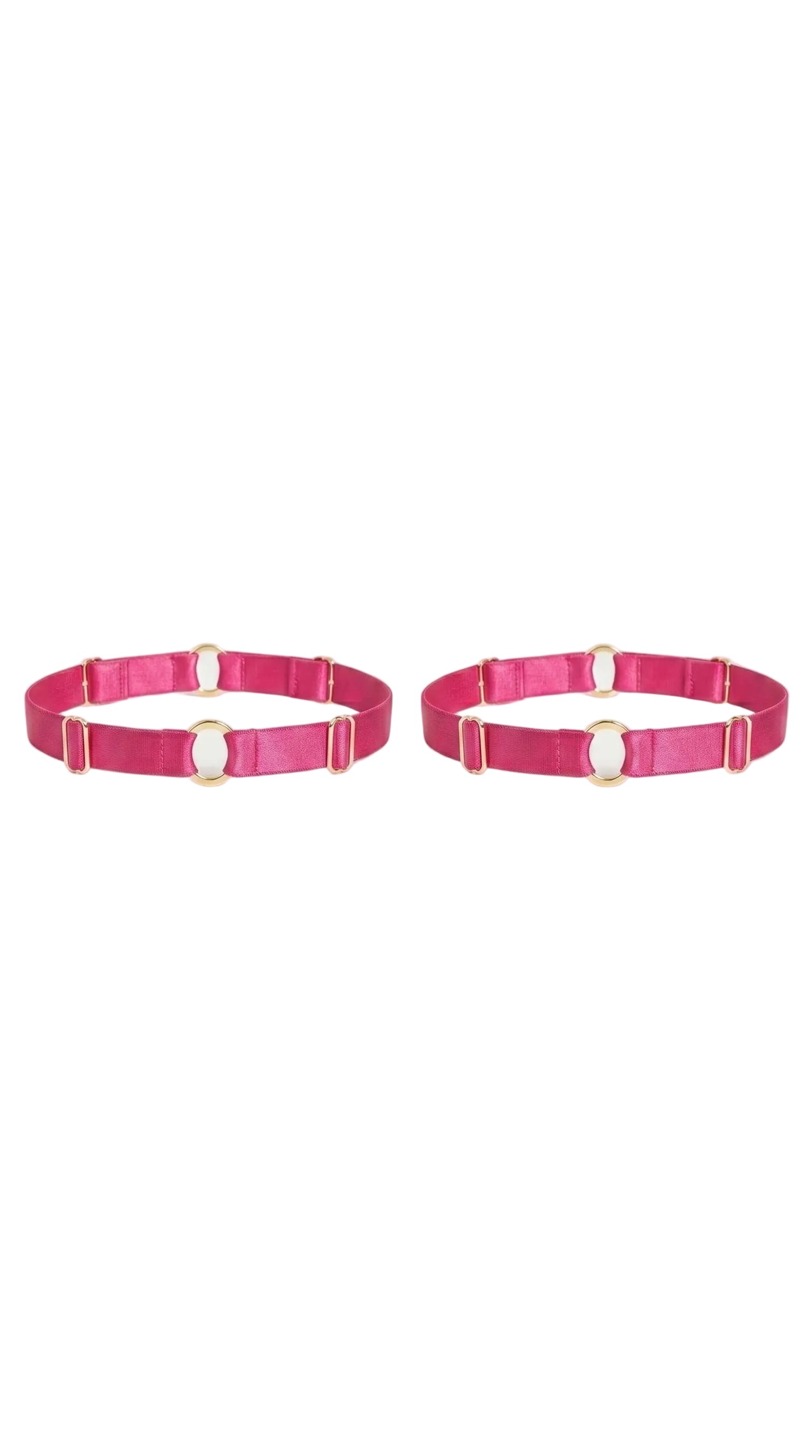 Bespoke pink leg garter with gold-plated hardware and adjustable straps.