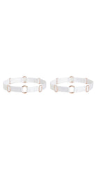Bespoke white leg garter with gold-plated hardware and adjustable straps.