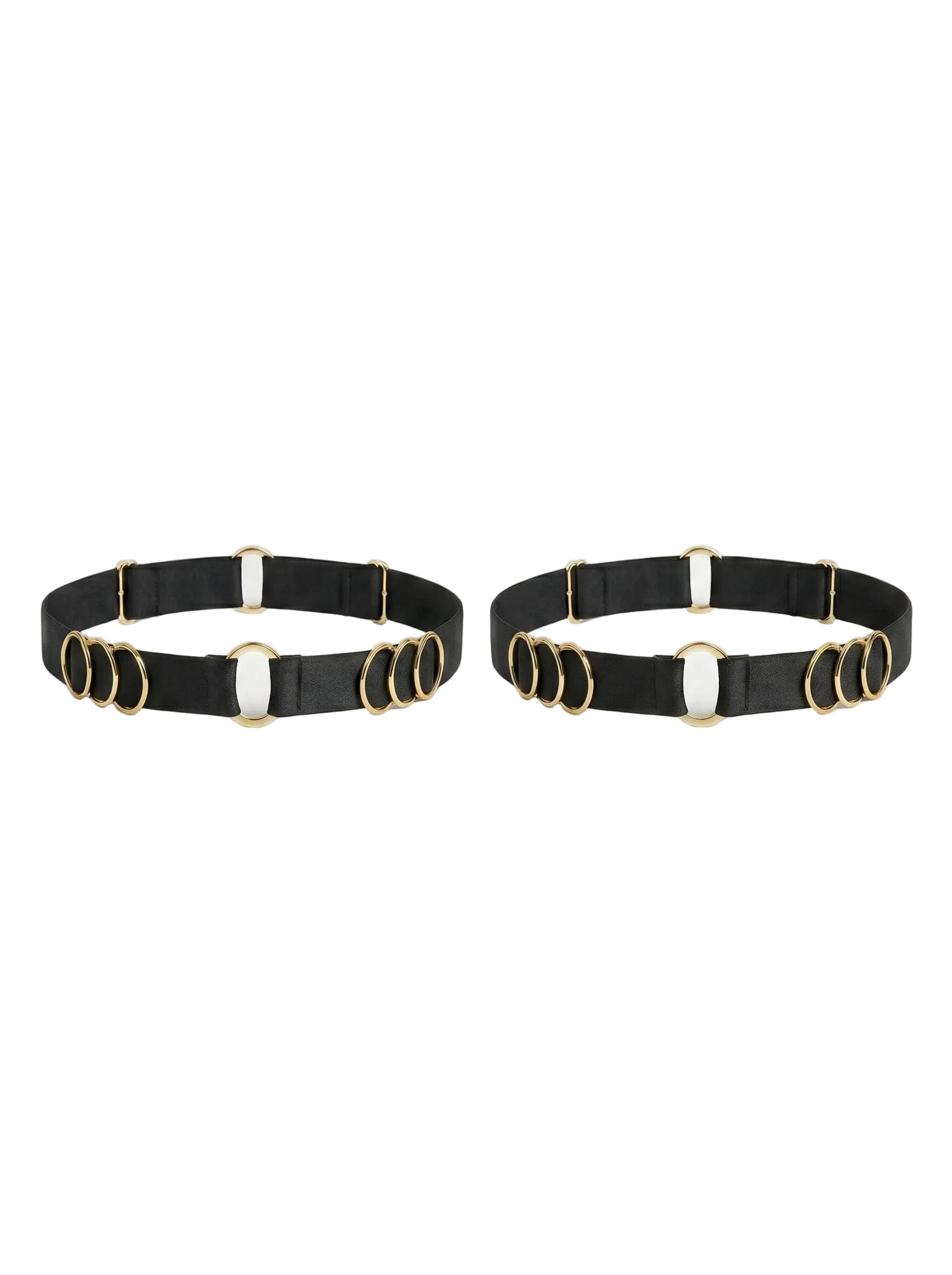 Handcrafted black leg garter featuring signature gold-plated rings.