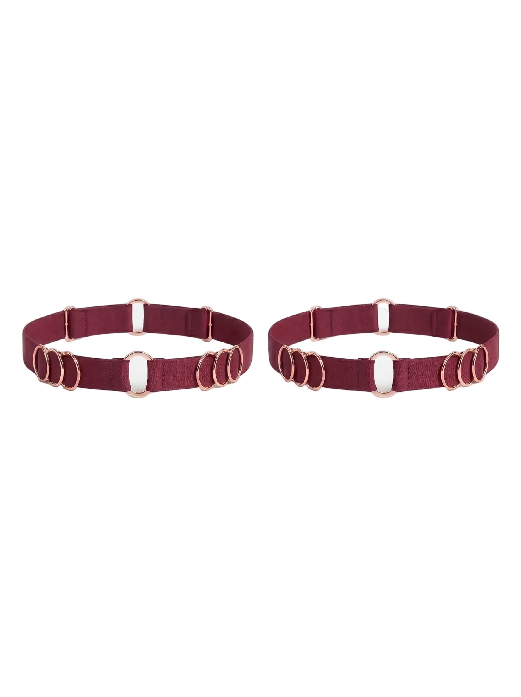 Handcrafted bordeaux leg garter featuring signature gold-plated rings.
