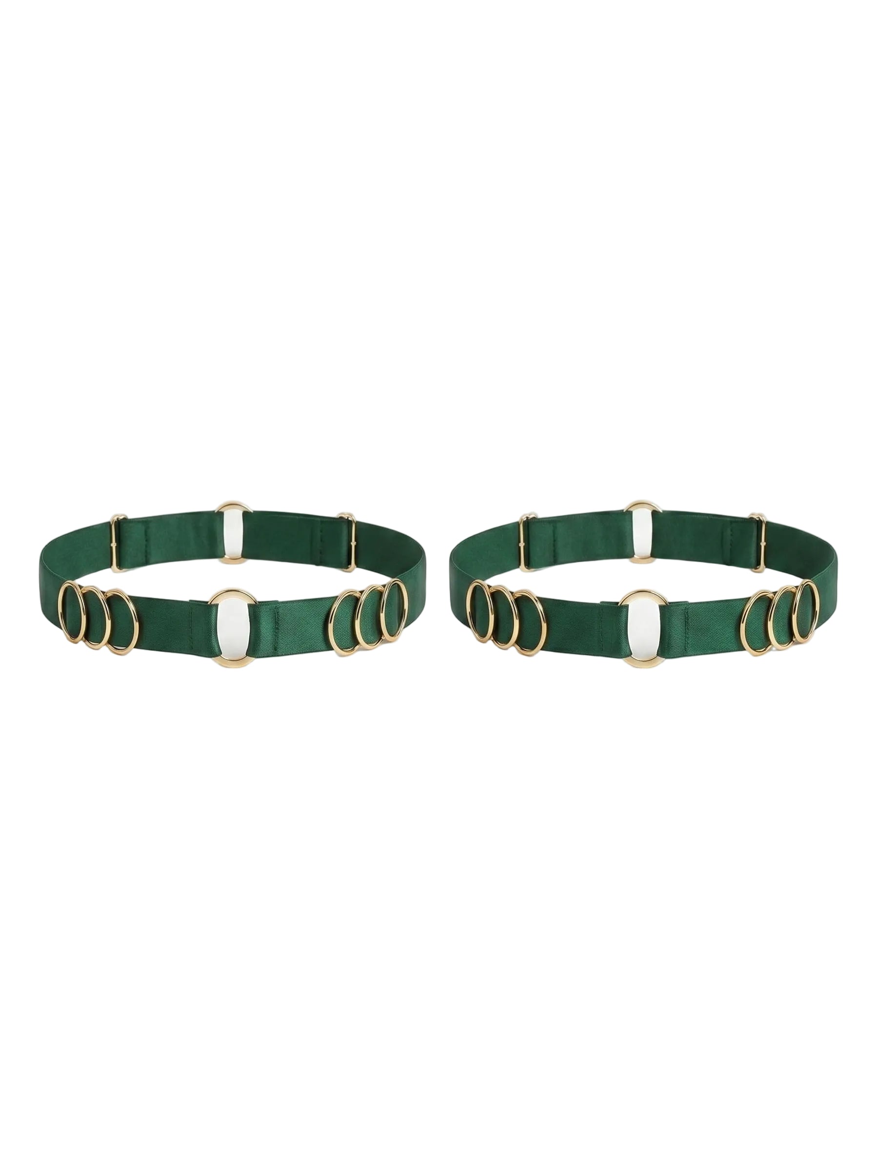 Handcrafted green leg garter featuring signature gold-plated rings.