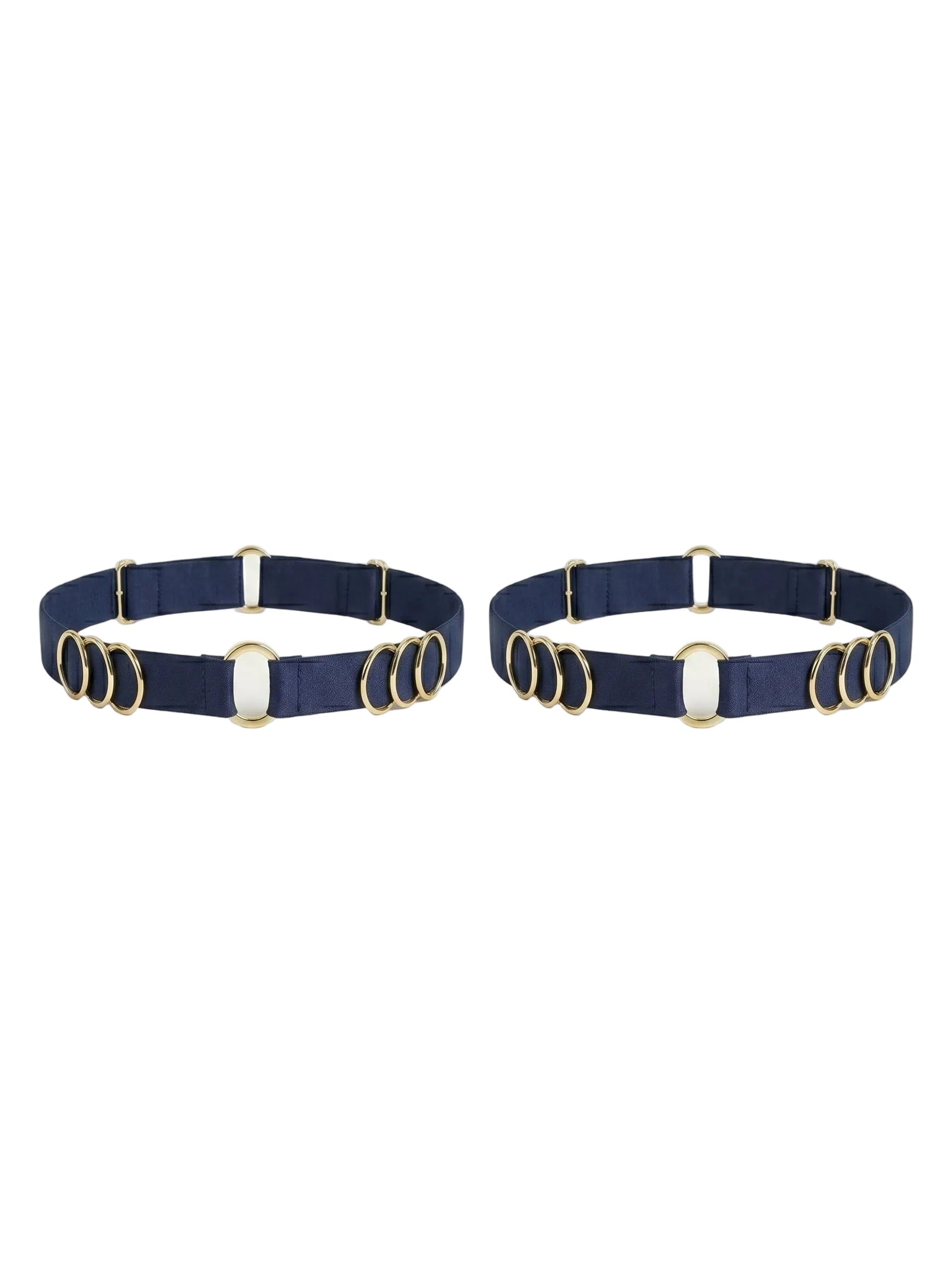 Handcrafted navy leg garter featuring signature gold-plated rings.