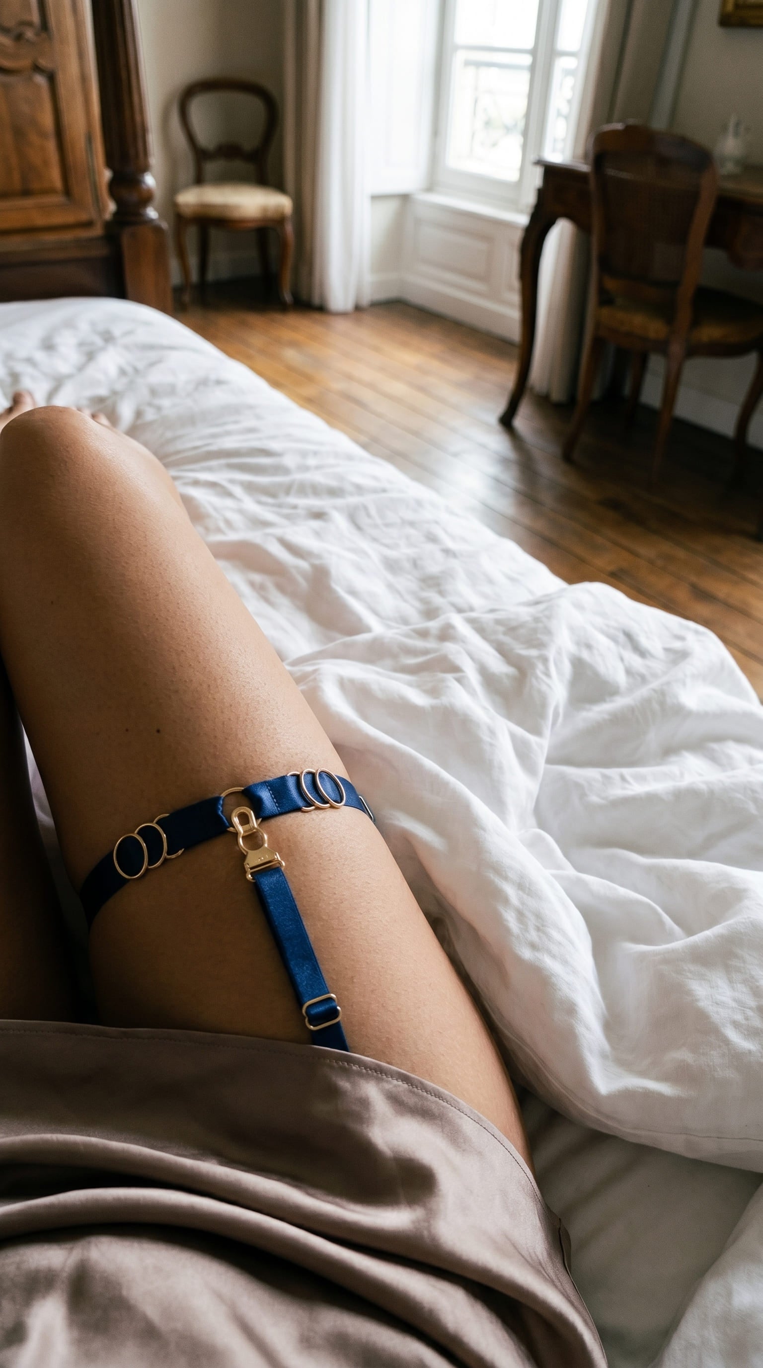 Detailed view of artisanal navy elastic leg garter for a custom fit.