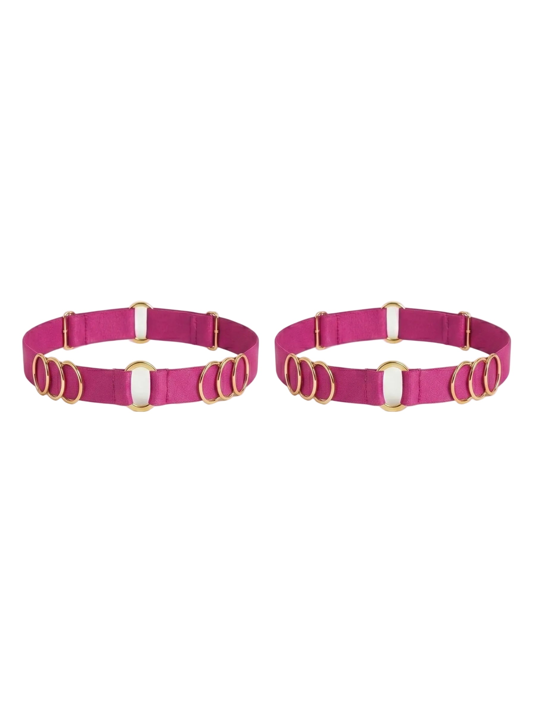 Handcrafted pink leg garter featuring signature gold-plated rings.