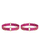 Handcrafted pink leg garter featuring signature gold-plated rings.