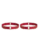 Handcrafted red leg garter featuring signature gold-plated rings.