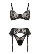 Front view of Lola Black lingerie set featuring floral embroidery and ruffled garter belt.