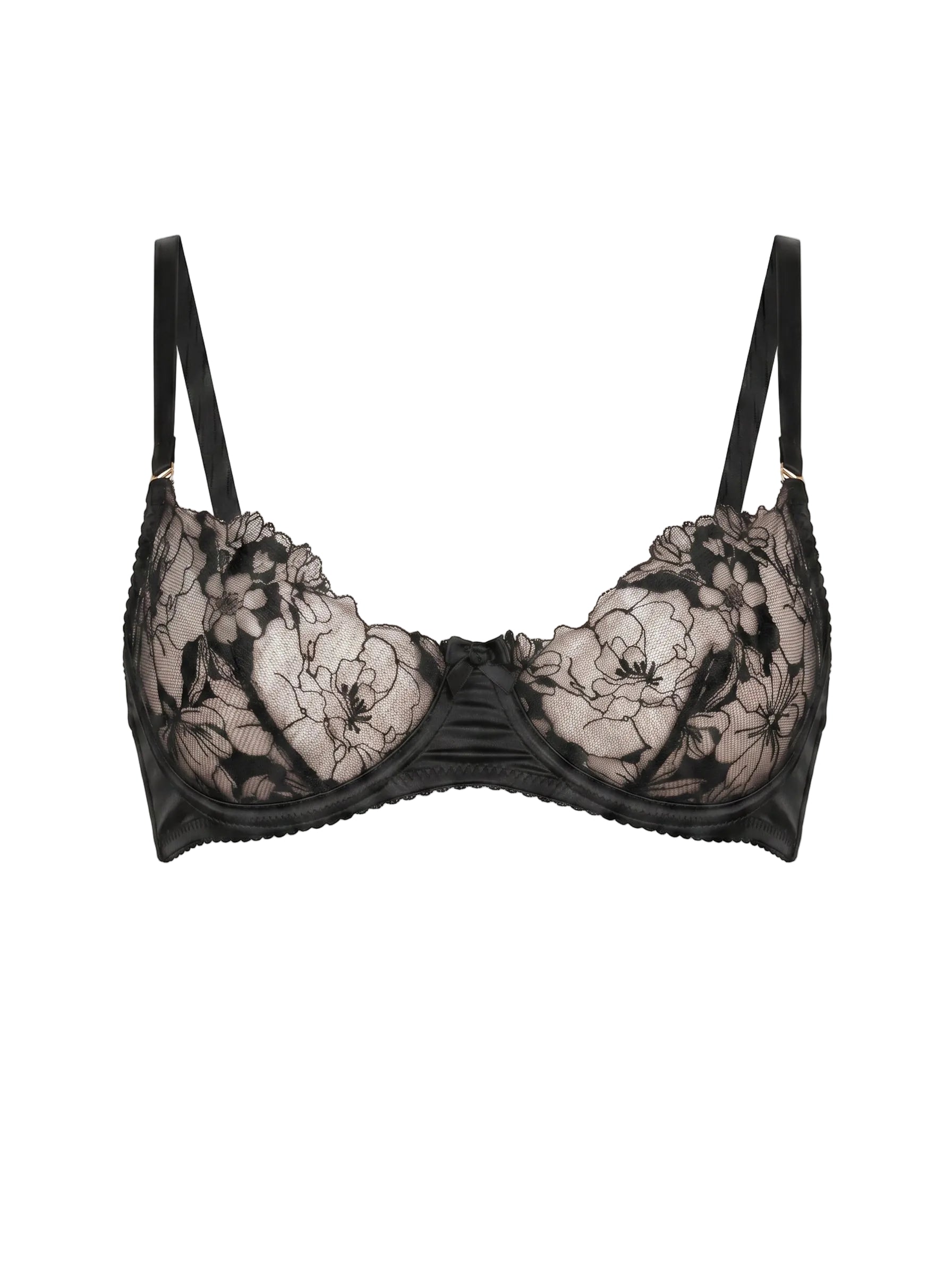 Close-up of the Lola Black underwire bra with floral lace embroidery and satin trim.