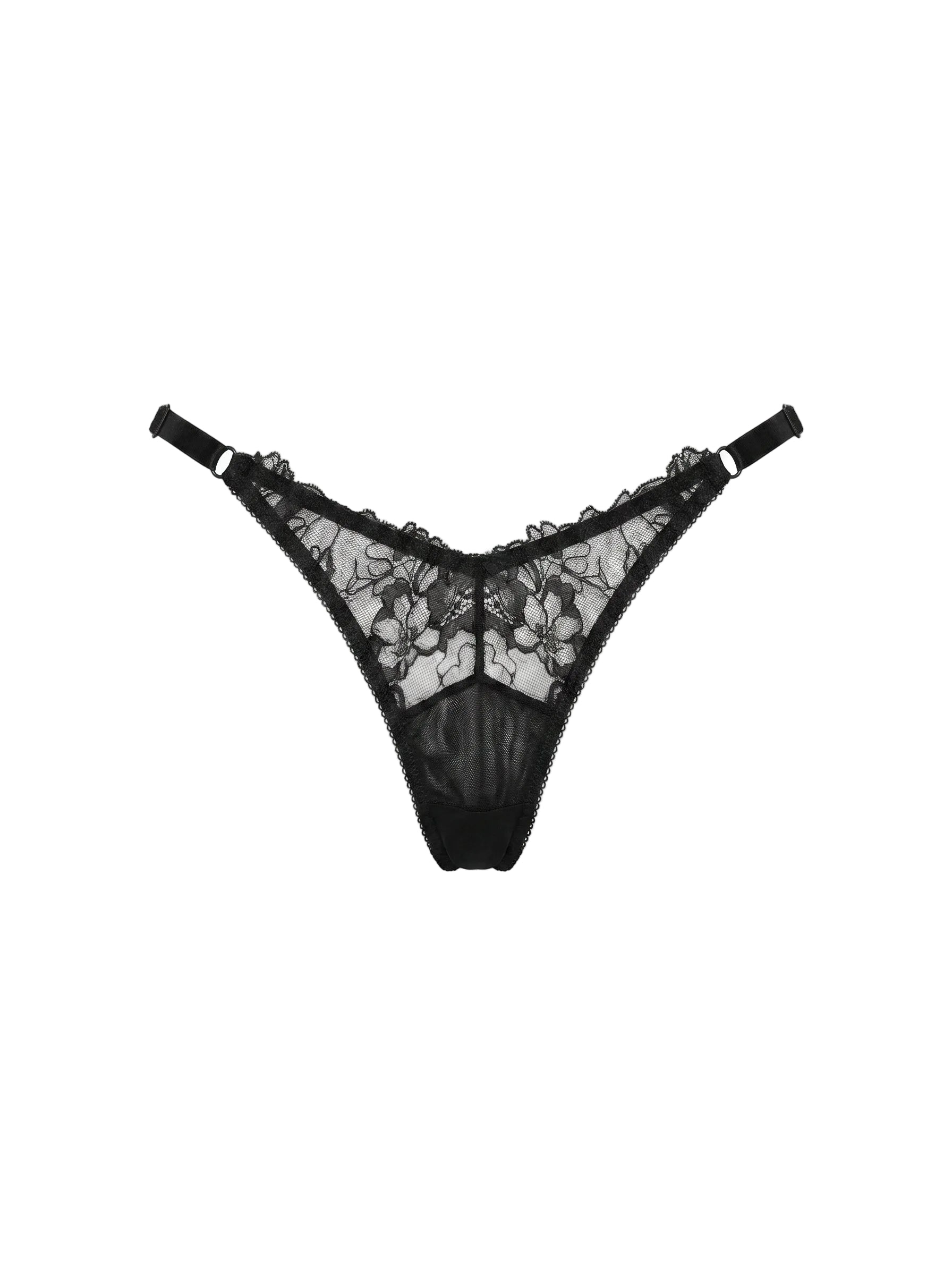 Front view of the Lola Black garter belt with floral lace ruffles and decorative bows.