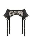 Front view of the Lola Black garter belt with floral lace ruffles and decorative bows.