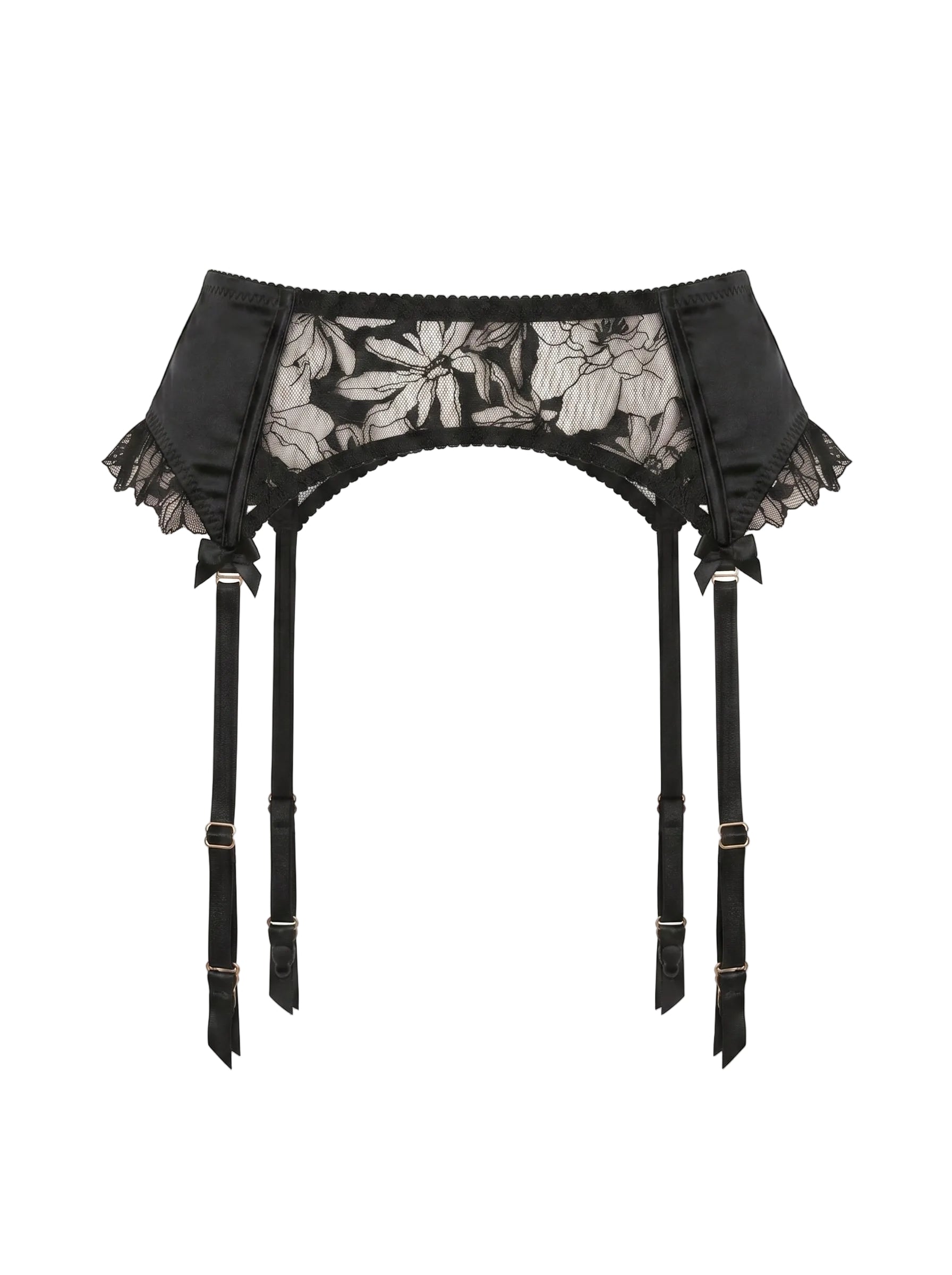 Front view of the Lola Black garter belt with floral lace ruffles and decorative bows.