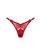 Front view of Lola Red thong panties featuring crimson floral lace and satin bows.