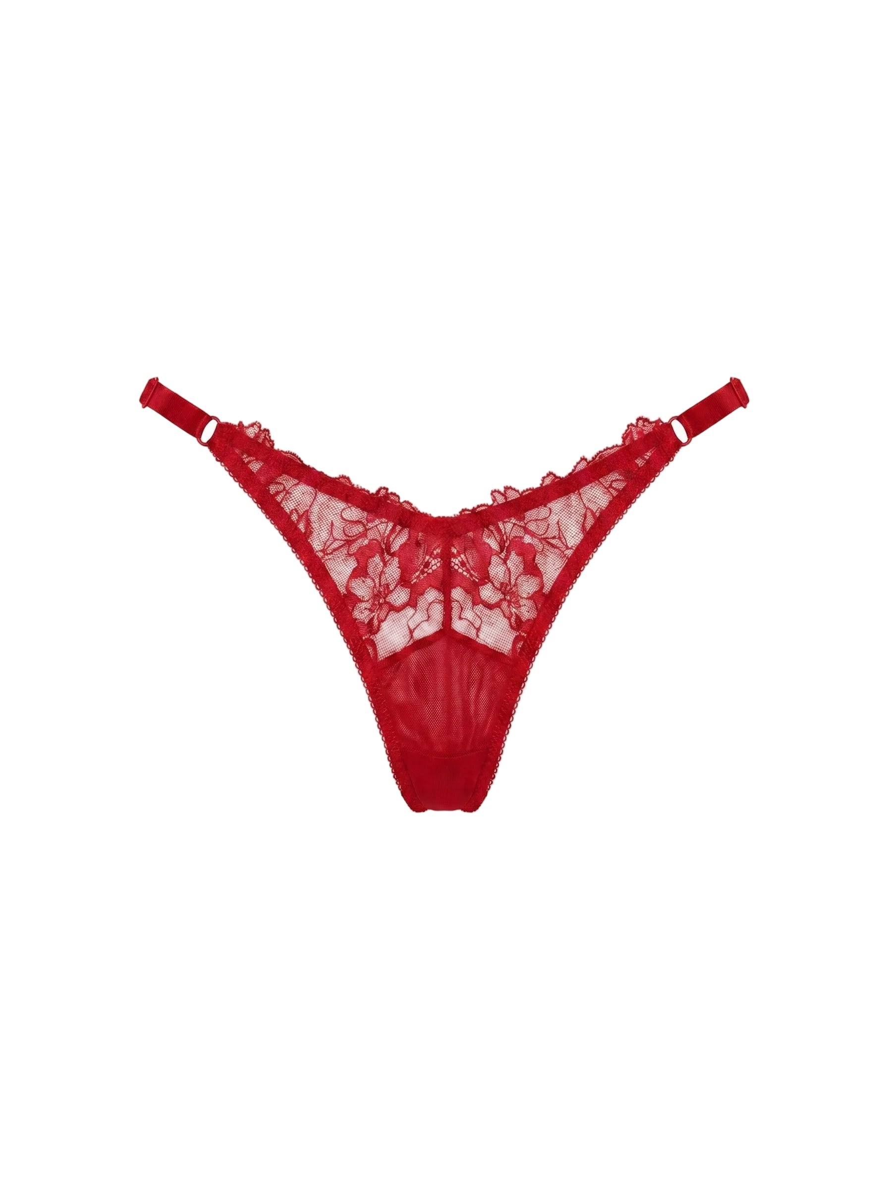 Front view of Lola Red thong panties featuring crimson floral lace and satin bows.