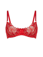 Detailed view of the Lola Red underwire bra with crimson floral embroidery and satin trim.