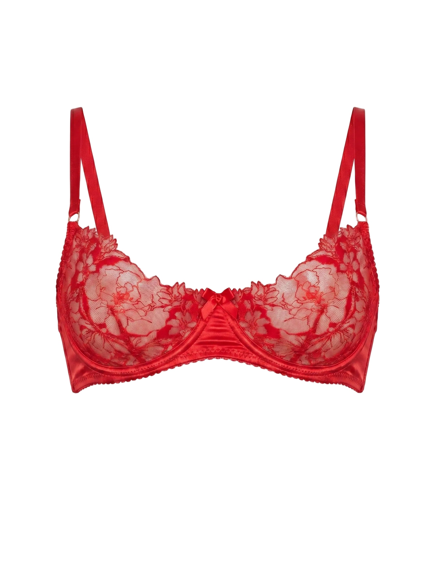Detailed view of the Lola Red underwire bra with crimson floral embroidery and satin trim.