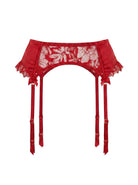 Front view of the Lola Red garter belt featuring crimson ruffles and floral lace details.