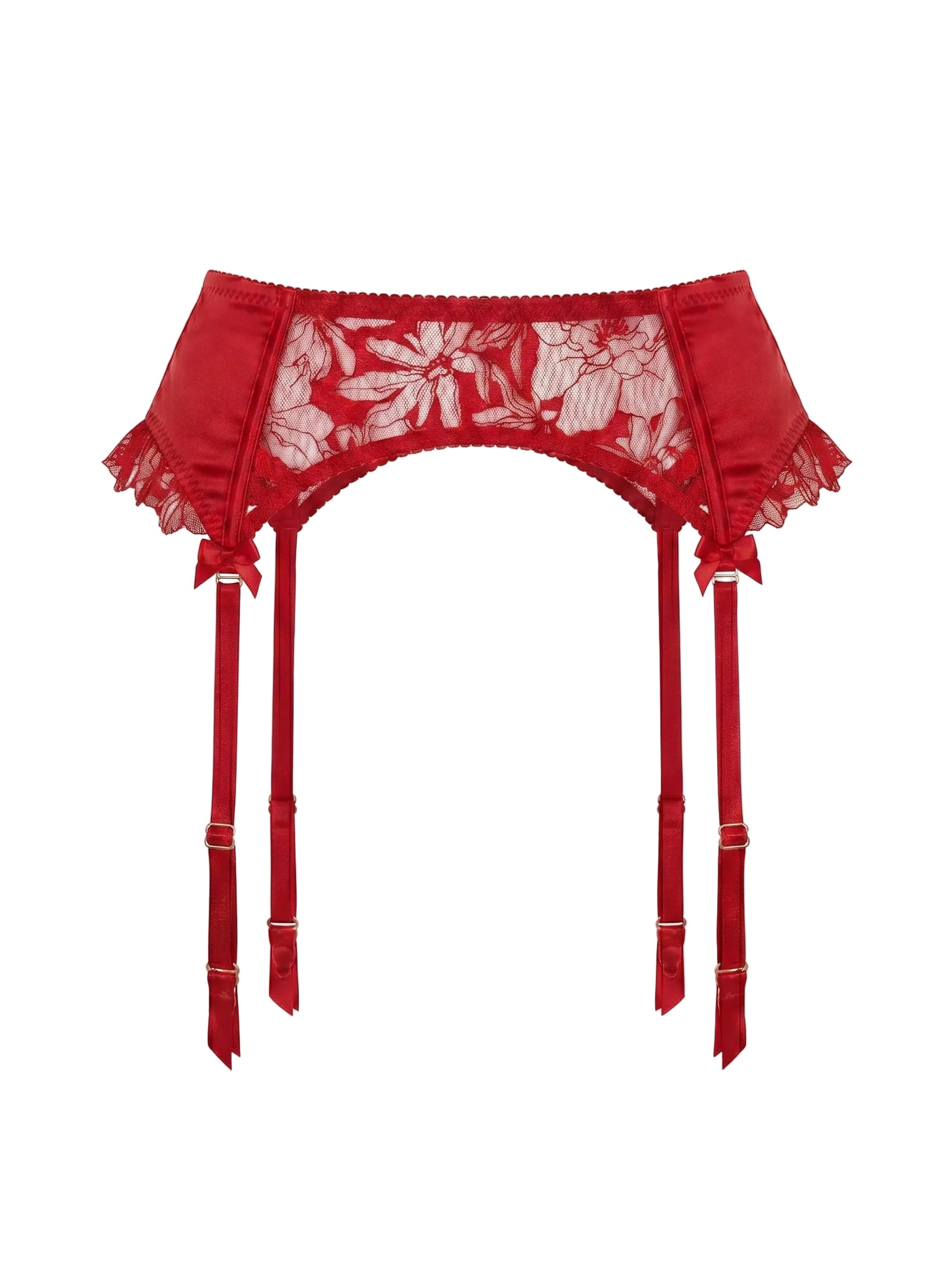 Front view of the Lola Red garter belt featuring crimson ruffles and floral lace details.