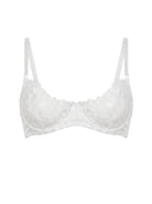 Close-up of the Lola White underwire bra with white floral embroidery and satin trim.