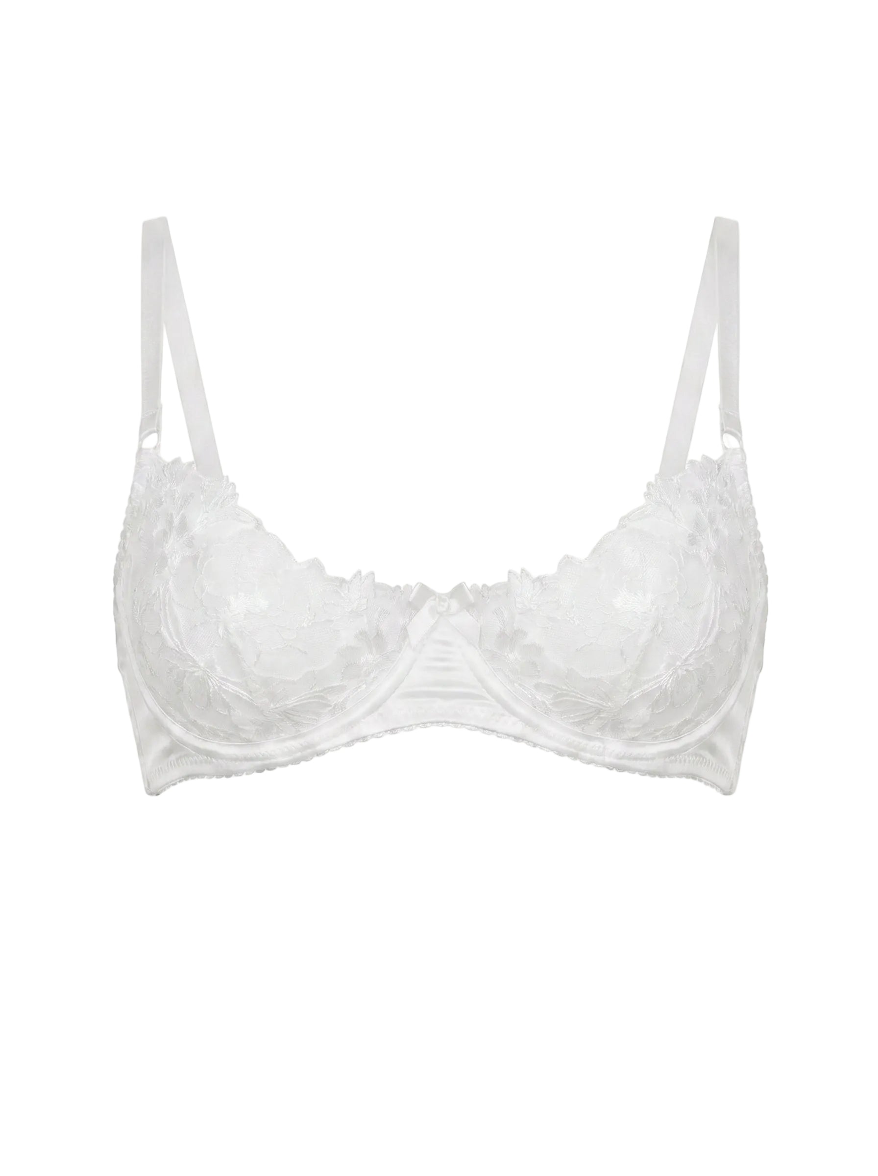 Close-up of the Lola White underwire bra with white floral embroidery and satin trim.