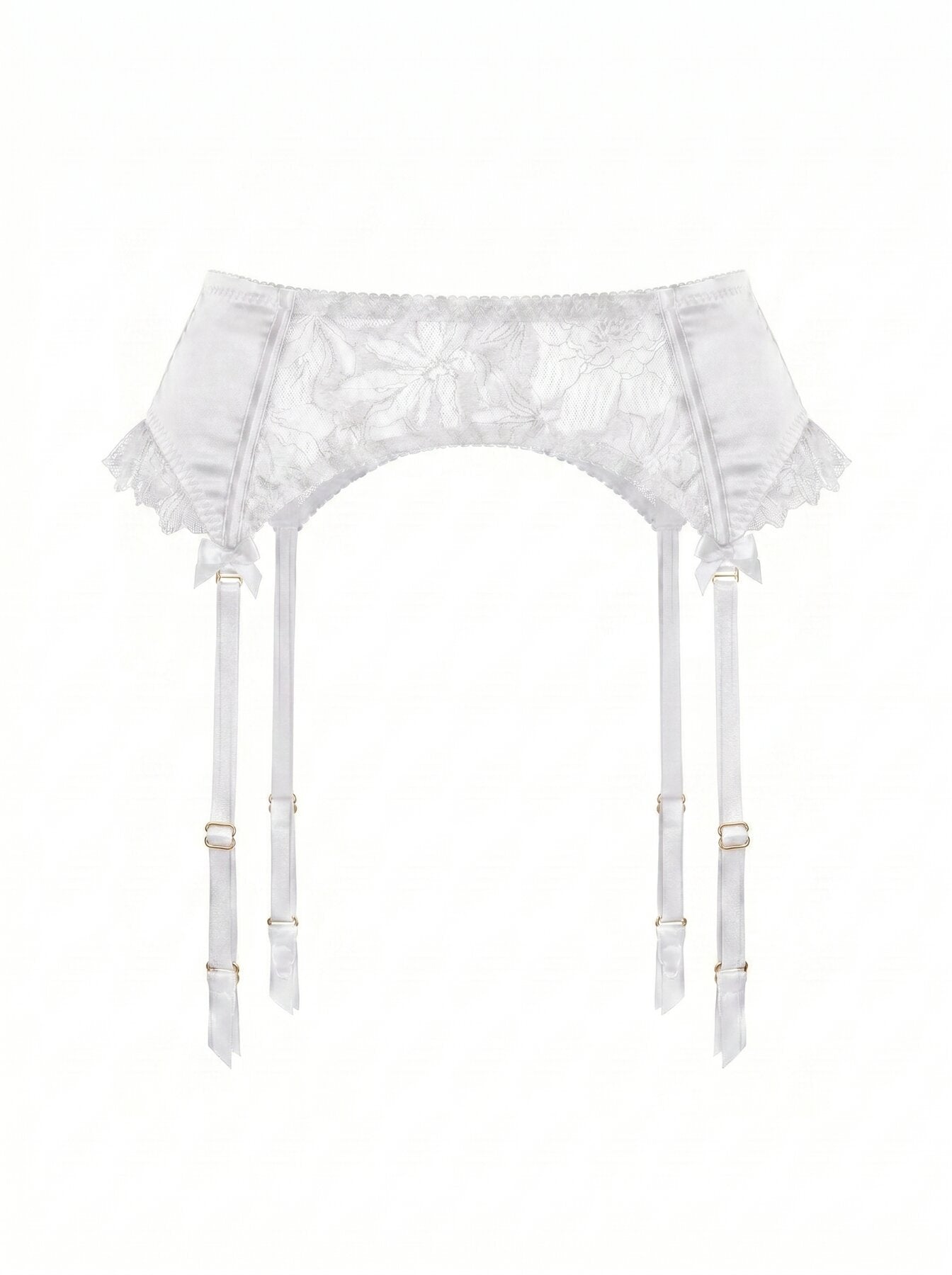 Front view of the Lola White garter belt with bridal ruffles and floral lace embroidery