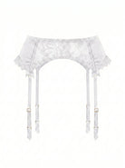 Front view of the Lola White garter belt with bridal ruffles and floral lace embroidery