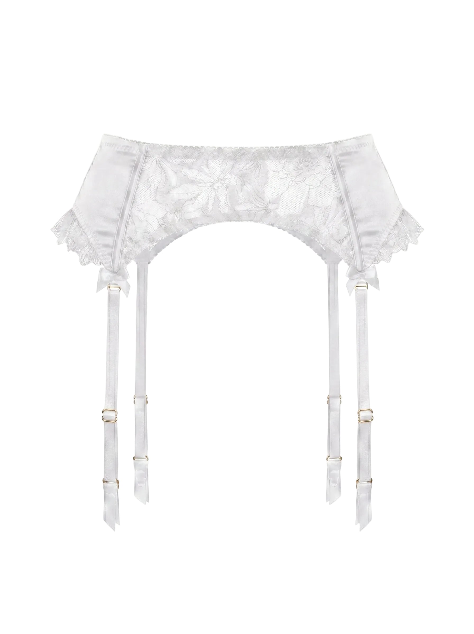 Front view of the Lola White garter belt with bridal ruffles and floral lace embroidery