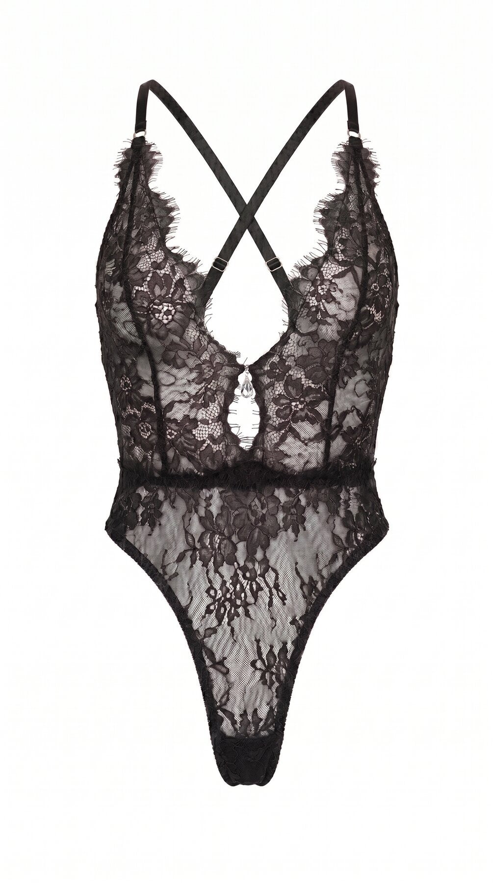 Bespoke black lace bodysuit from the Mistic Lace collection featuring an architectural plunge design.