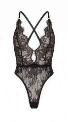 Bespoke black lace bodysuit from the Mistic Lace collection featuring an architectural plunge design.