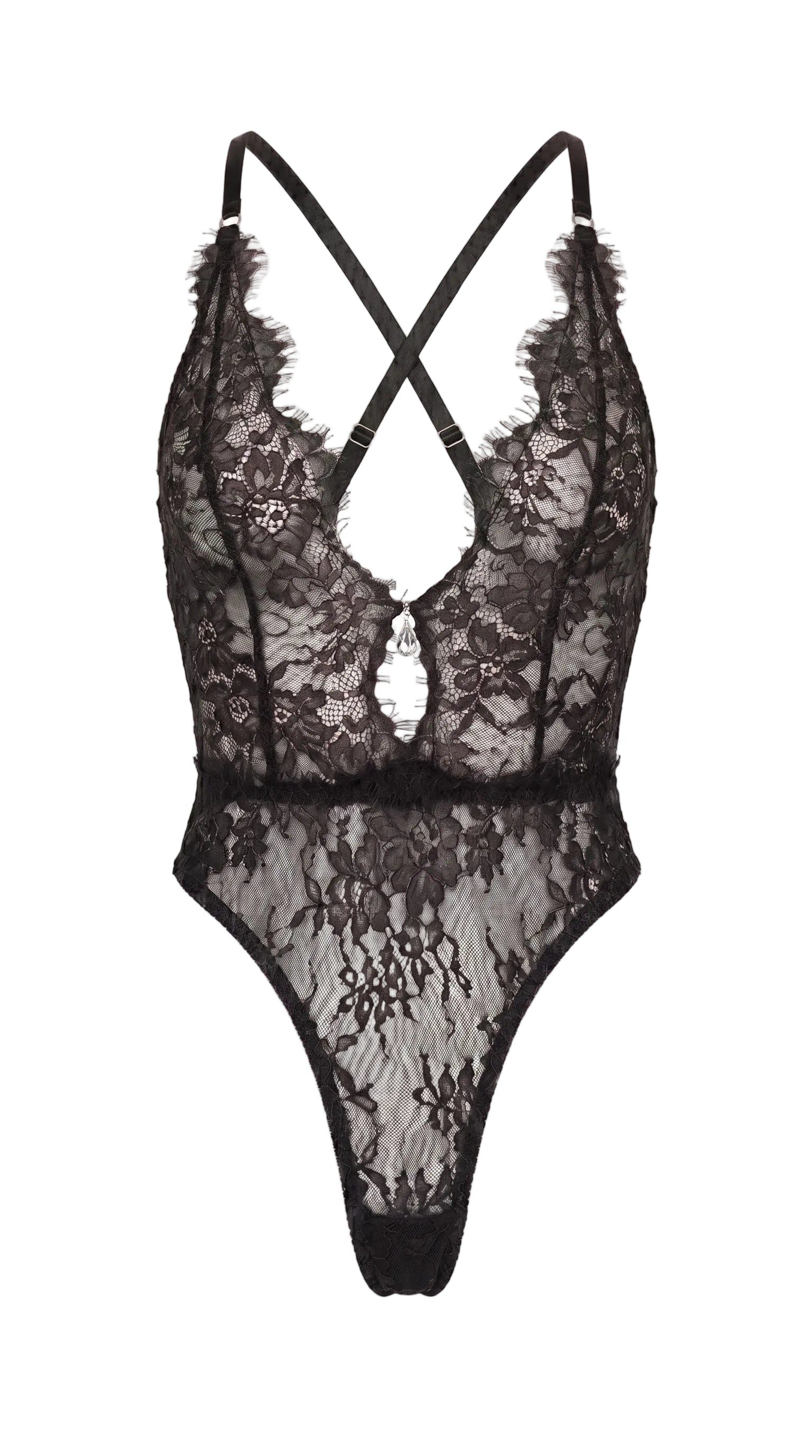 Bespoke black lace bodysuit from the Mistic Lace collection featuring an architectural plunge design.