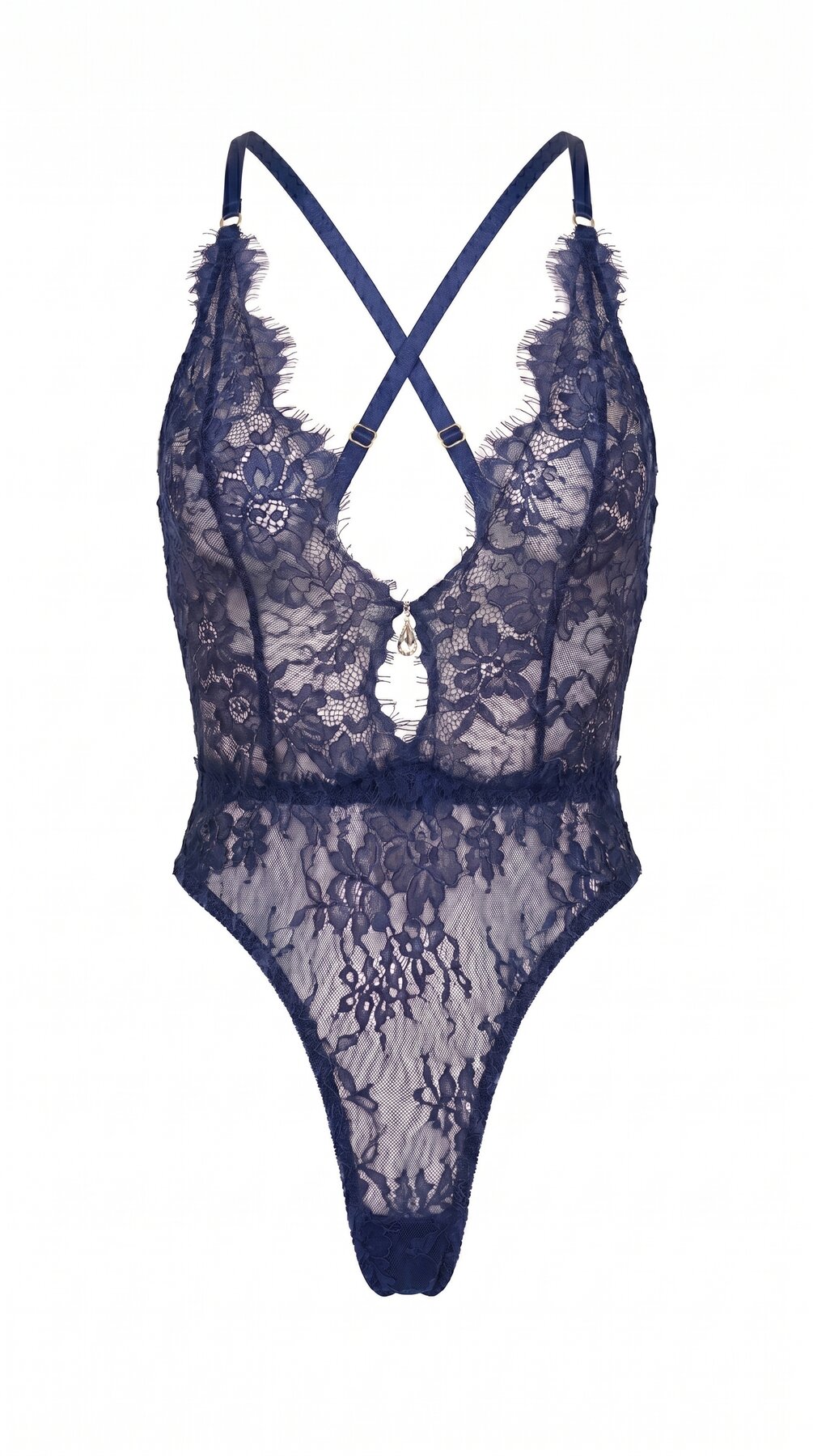 Bespoke navy lace bodysuit from the Mistic Lace collection featuring an architectural plunge design.