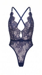 Bespoke navy lace bodysuit from the Mistic Lace collection featuring an architectural plunge design.