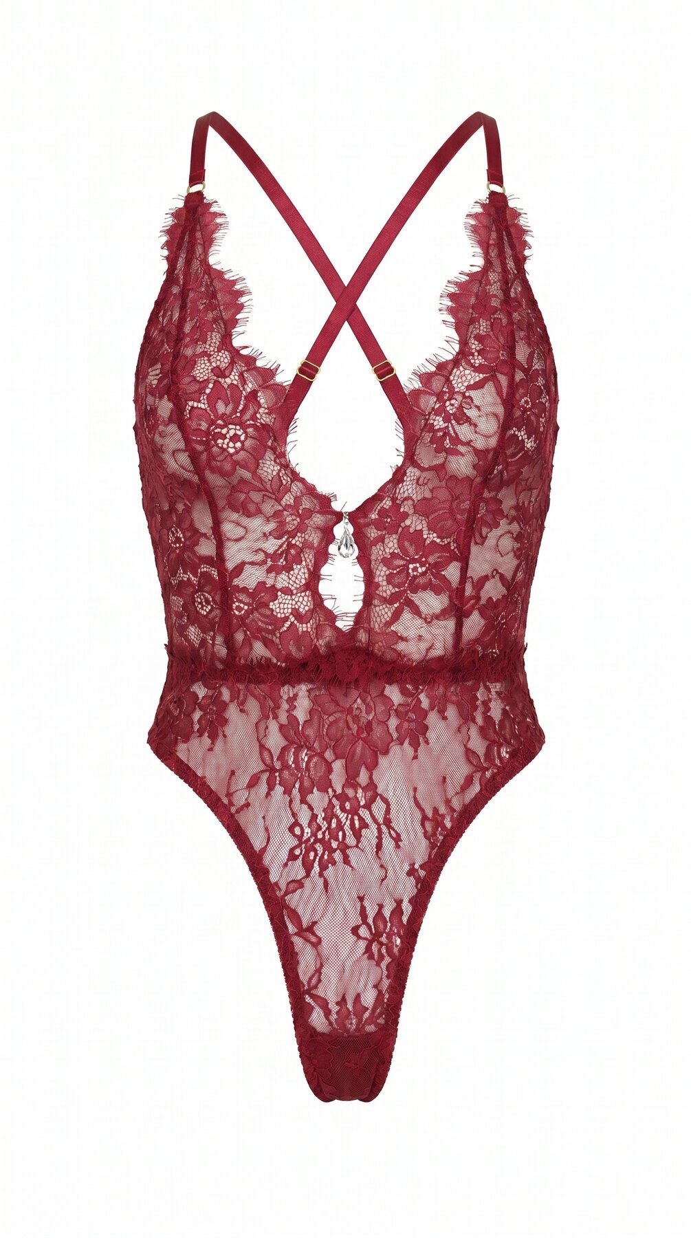 Bespoke red lace bodysuit from the Mistic Lace collection featuring an architectural plunge design.