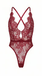 Bespoke red lace bodysuit from the Mistic Lace collection featuring an architectural plunge design.