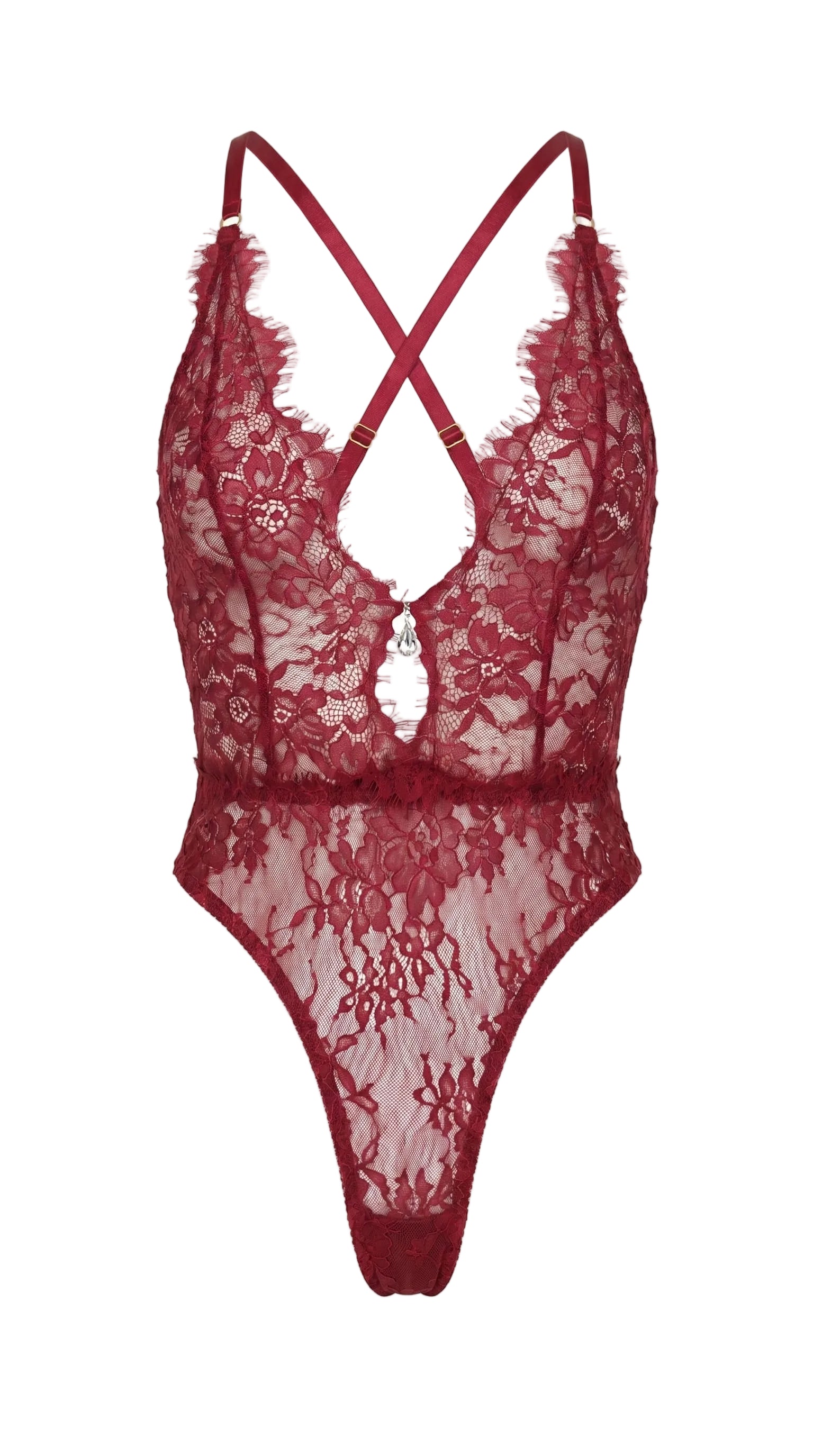Bespoke red lace bodysuit from the Mistic Lace collection featuring an architectural plunge design.