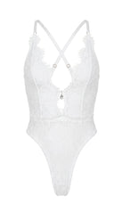 Bespoke white lace bodysuit from the Mistic Lace collection featuring an architectural plunge design.