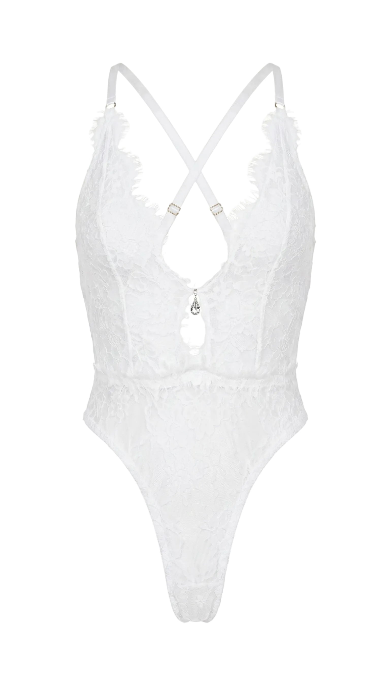 Bespoke white lace bodysuit from the Mistic Lace collection featuring an architectural plunge design.