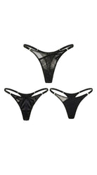 Artisanal black Mono Box set featuring three handcrafted lace panties.