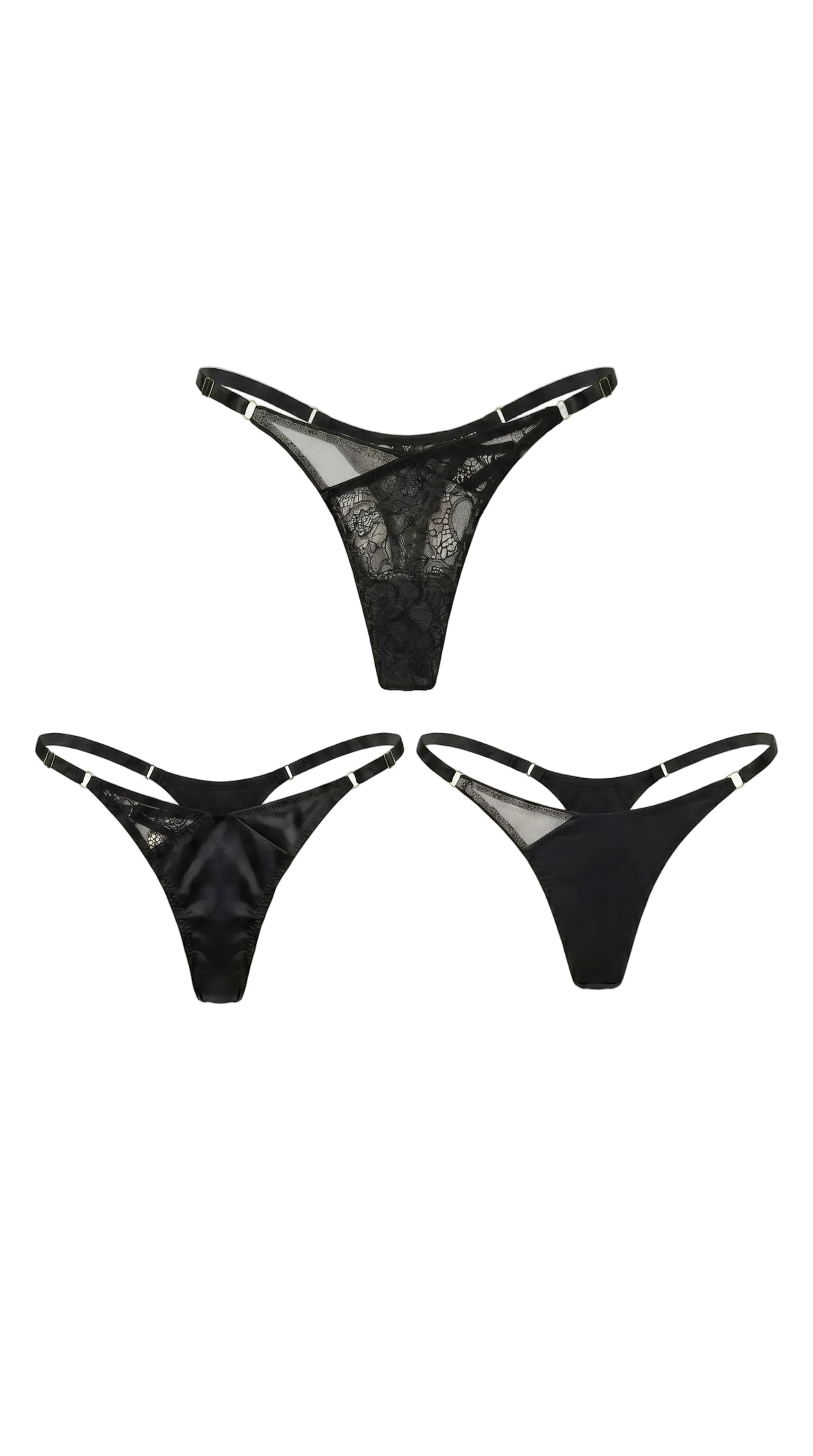 Artisanal black Mono Box set featuring three handcrafted lace panties.