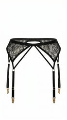 High-waisted Naomi black garter belt with architectural strapwork and delicate lace details.