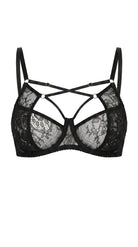 Naomi black lace bra featuring bold architectural straps and custom tailoring for a perfect fit.