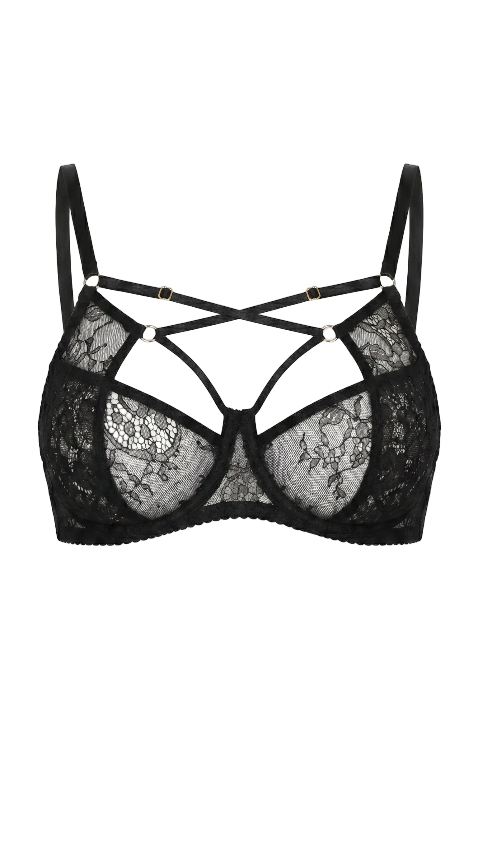 Naomi black lace bra featuring bold architectural straps and custom tailoring for a perfect fit.