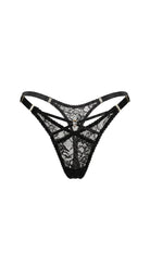 Naomi black artisanal lace thong with intricate noir embroidery and shadowy mesh.
